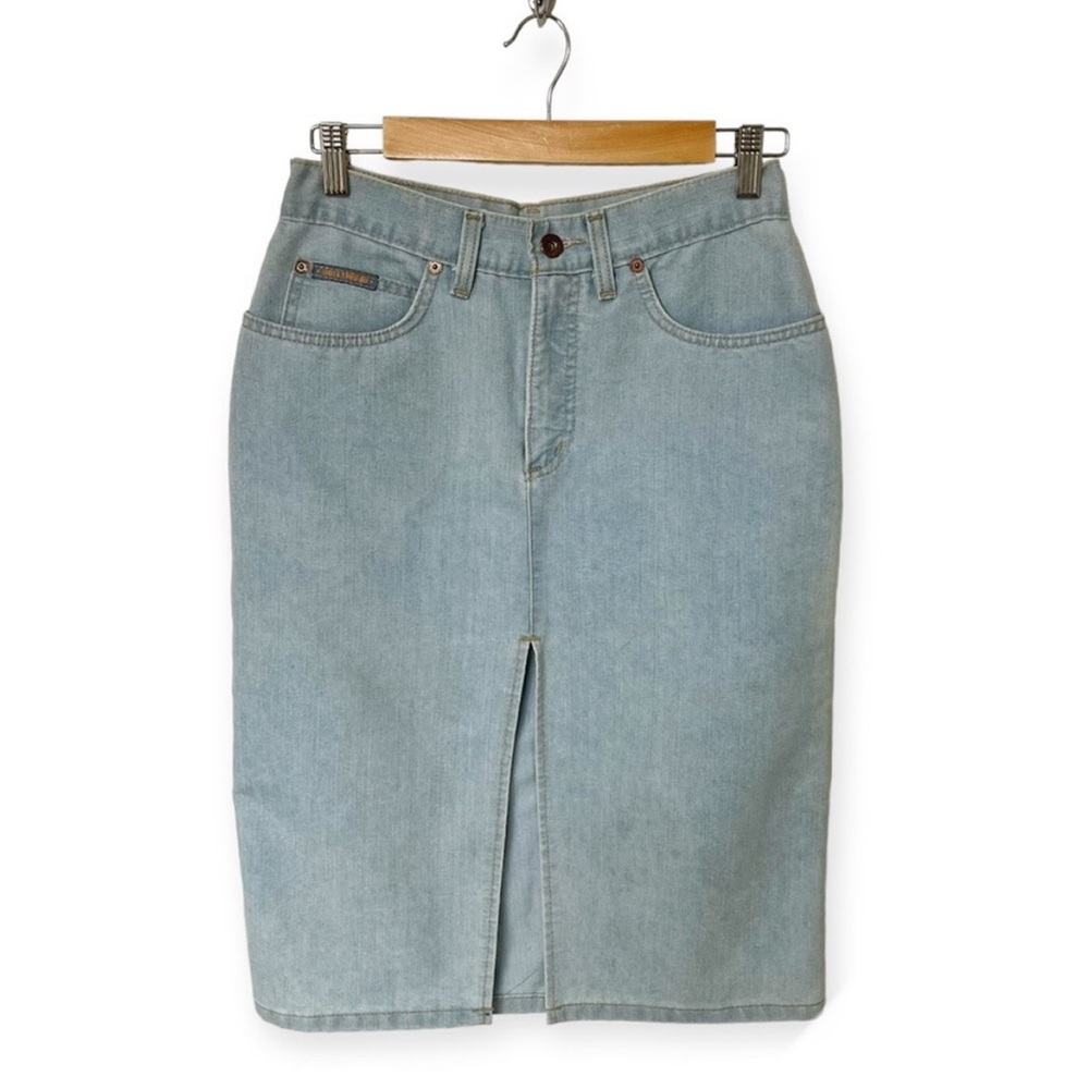 Vintage 90's Hollywood Jeans High Waist Front Slit Denim Jean Skirt Blue size 27